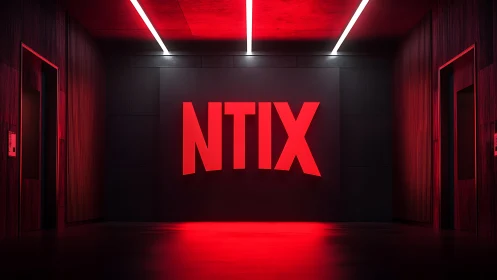 Red-lit NTIX corridor with high-contrast architectural lighting.