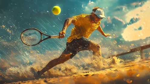 Dynamic beach tennis player in golden cinematic backlight.