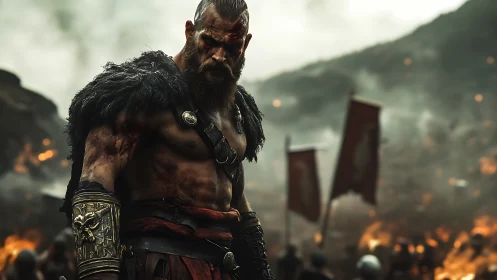 Battle-hardened warrior stands amid burning battlefield.