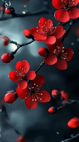 Crimson Blossom Cluster on Black Branch with Bokeh.