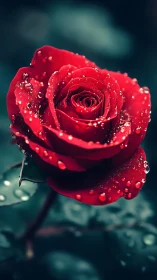 Red rose with water droplets against dark teal background