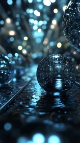 Luminous glass sphere on reflective wet metal corridor.