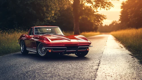 Red classic coupe parked on rural road at sunset light.
