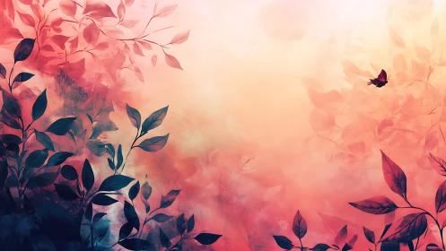 Leaves and butterfly silhouette set against warm gradient sky