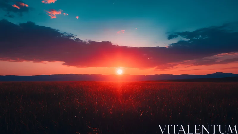 Vibrant red horizon sunset over grassland under cyan sky.