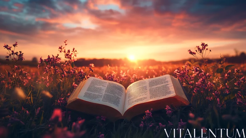 Sunlit open book resting in a peaceful wildflower meadow.