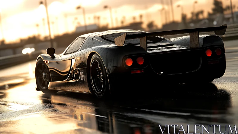 Sunlit racetrack sprint with a sleek wet supercar.