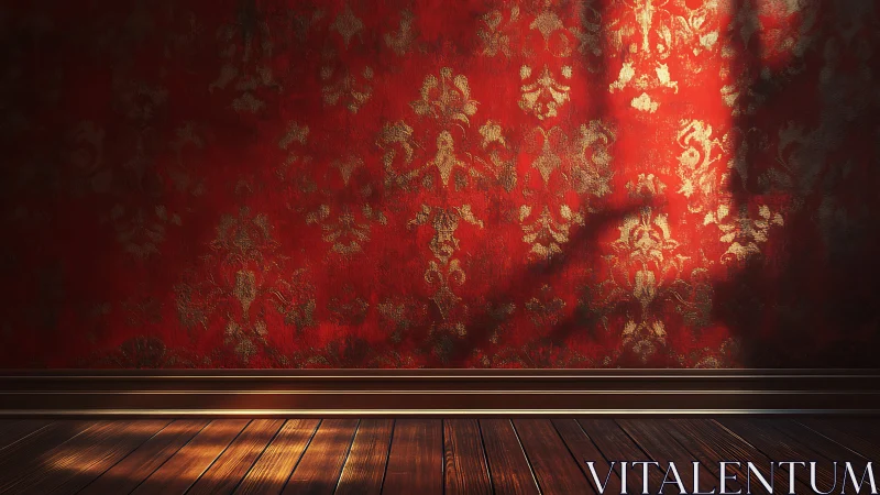 Rich red damask wall with golden light across wood floor.