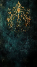 Gold ornamental damask motif centered on dark teal field