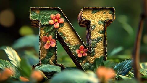 Nature-inspired letter N with floral accents and textured style.