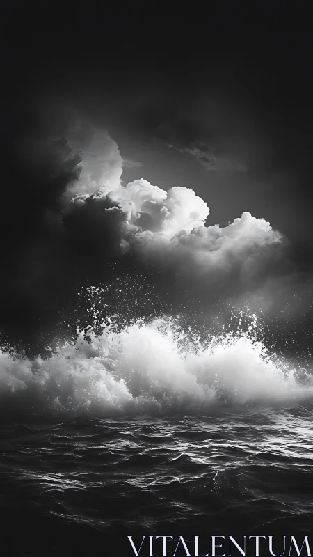 Stormlit waves under towering moonlit clouds.