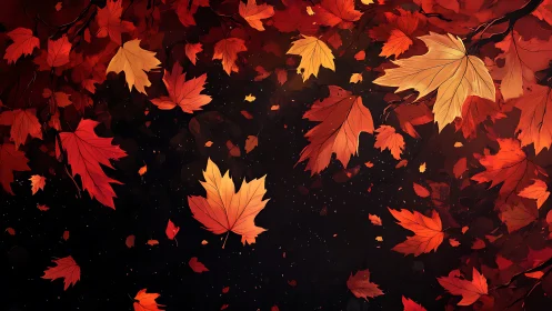 Maple foliage drift on dark negative space autumnal field.