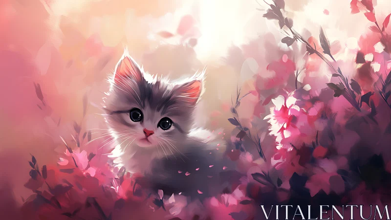 Kitten portrait with soft pink florals rendered in digital painting