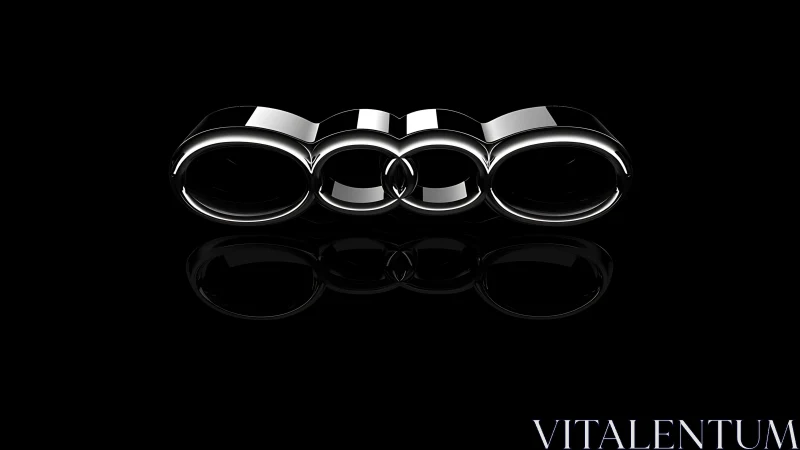 Chrome interlocking ring structure on black reflective surface.