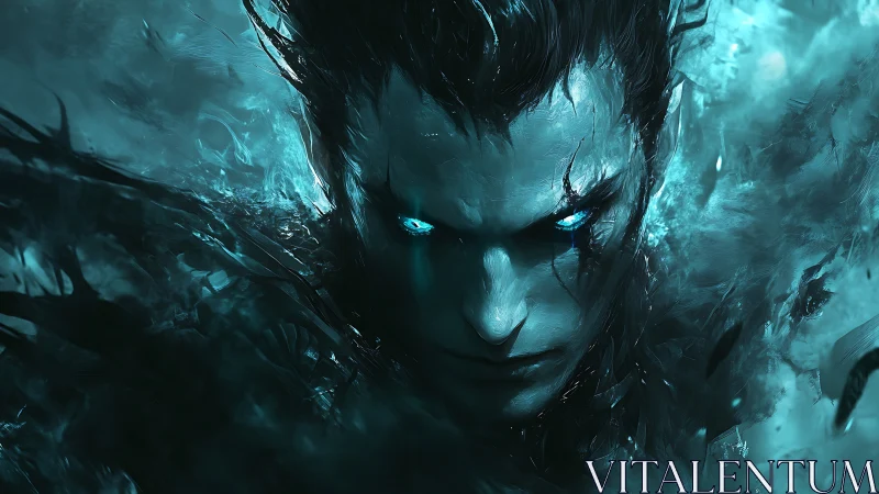 Dark ethereal warrior with glowing blue eyes in mist.