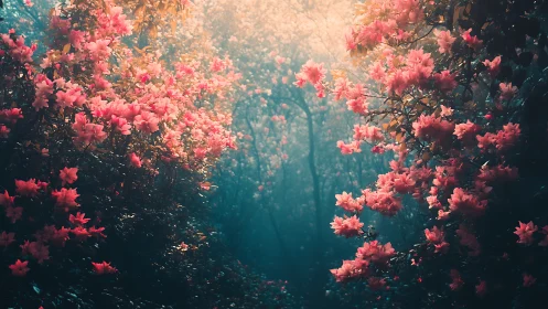 Pink flowering trees frame forest path with layered atmospheric depth