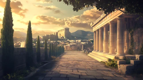 Golden evening light gently embraces an ancient Greek city