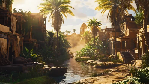 Sunlit desert canal through ancient palm-lined cityscape.