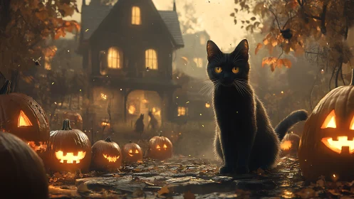 Luminous Guardian: Black Cat's Halloween Vigil at Haunted Estate.