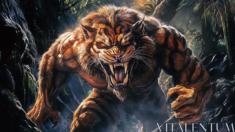 Muscular tiger humanoid roars aggressively in dense jungle