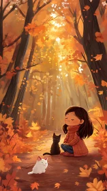 Girl and Cats Find Peace in Golden Autumn Forest Light