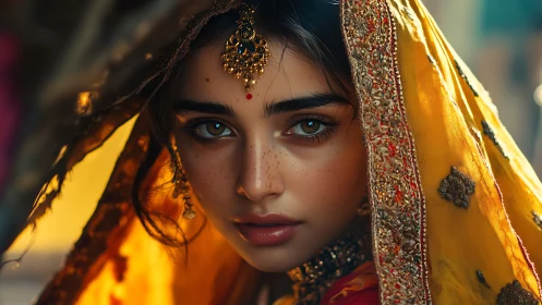 Amber-gazed bride wrapped in sunlit embroidered saffron veil.