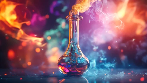 Glowing potion flask surrounded by colorful swirling smoke.
