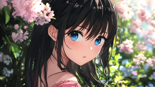 Blue-eyed girl stands amid soft spring blossoms in sunlit garden.