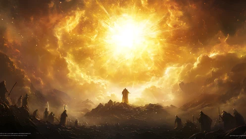 Apocalyptic celestial burst engulfs robed figures on craggy ridge