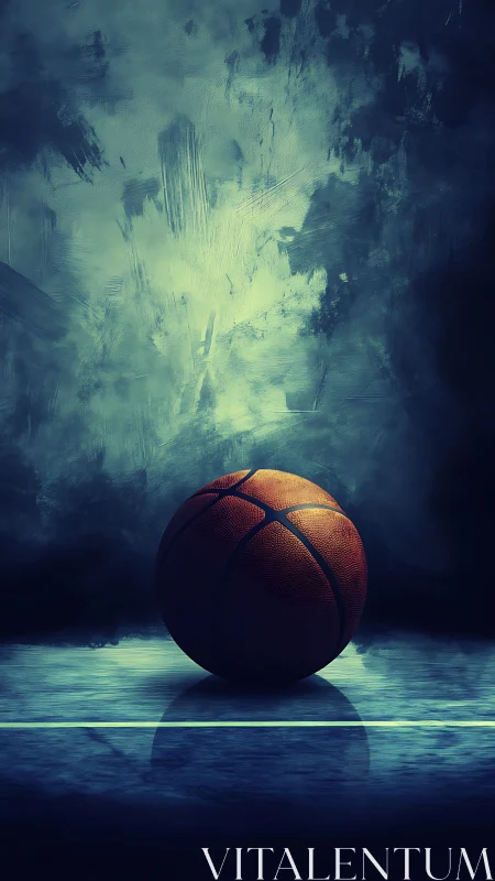 Lonely basketball rests on glossy court under moody light
