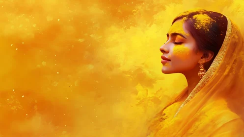 Serene Indian Woman in Yellow Powder, Vibrant Artistic Portrait.