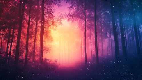Glowing forest passage with warm light and cool stars