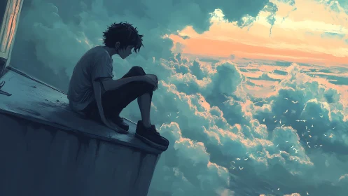 Solitary figure seated on ledge above expansive clouds.