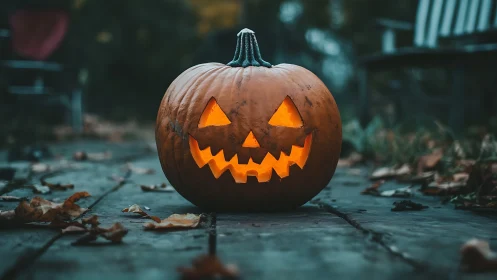 Glowing jack-o-lantern rests on leaf-strewn garden path.