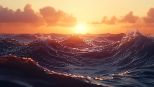 Sunset light striking rolling mid-ocean waves in motion.