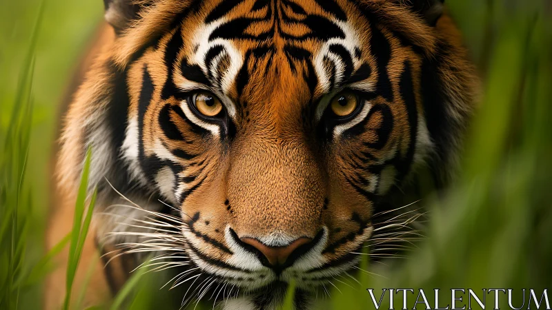 Tiger eyes carve a silent tunnel through emerald grass