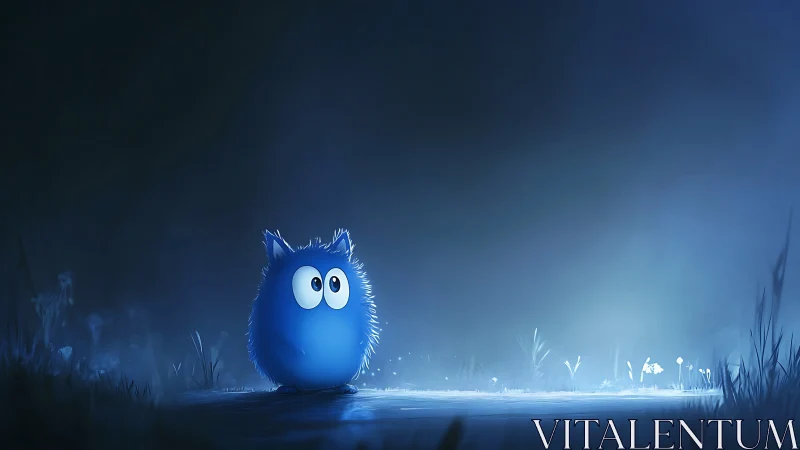 Blue spherical creature stands in dimly lit nocturnal field