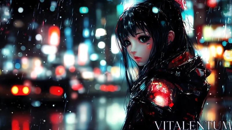 Rain-soaked anime figure stands before defocused city lights