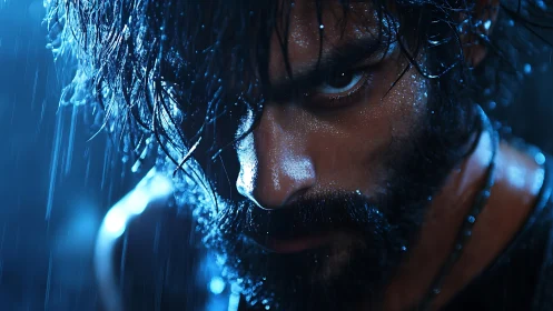 High-contrast rain-soaked male close-up with intense directional blue lighting