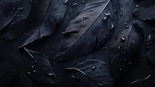Wet black feathers arranged on dark ground with specular highlights