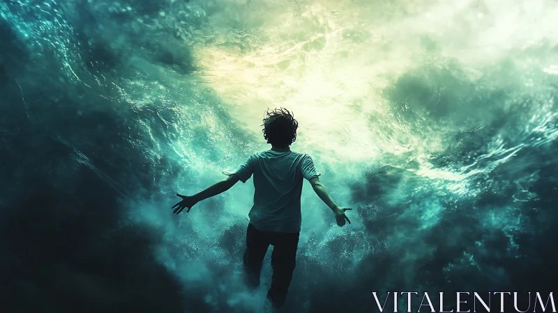 Stormlit dreamer floats between ocean depths and skyglow