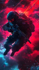 Armored soldier descending through neon red and blue clouds