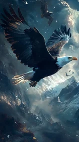 Eagle rides storm winds above dramatic alpine cliffs.