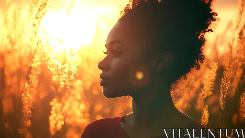 Side profile portrait in warm backlit sunset field.