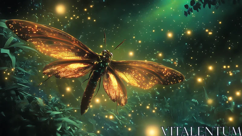 Glowing forest firefly drifting through a dreamy night sky.