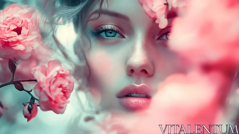 Hyper-detailed female portrait framed by shallow-depth floral bokeh