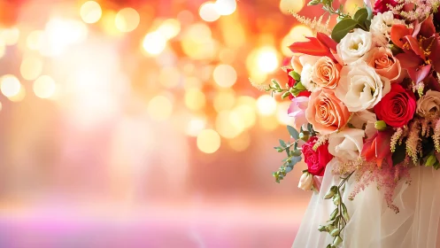 Radiant bridal bouquet basking in glowing bokeh twilight.