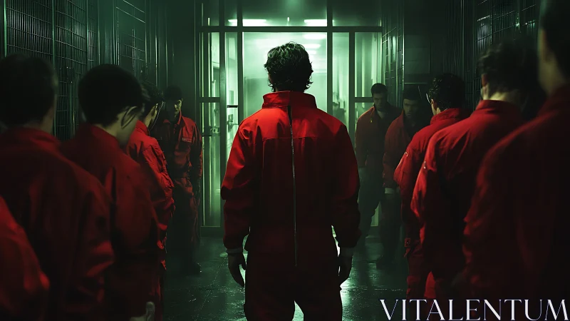 Tense corridor moment unites workers in bold red uniforms