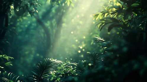 Sunlit forest retreat with glowing foliage and peaceful woodland charm