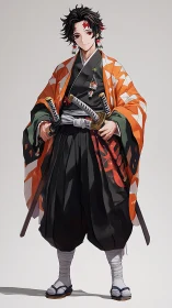 Crimson-eyed twin-blade samurai in ember-bright haori.